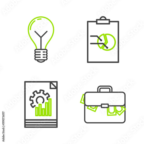 Set line Briefcase and money, Document with graph chart, Clipboard and Light bulb concept of idea icon. Vector