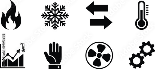 Illustration of Black icons for temperature control and industry