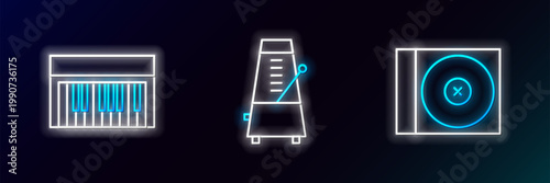 Set line CD or DVD disk, Music synthesizer and Metronome with pendulum in motion icon. Glowing neon. Vector