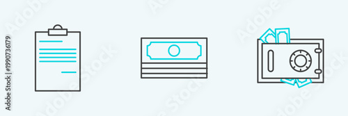 Set line Safe and money, Document and Stacks paper cash icon. Vector