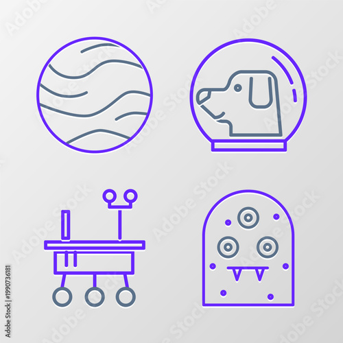Set line Alien, Mars rover, Dog in astronaut helmet and Planet icon. Vector