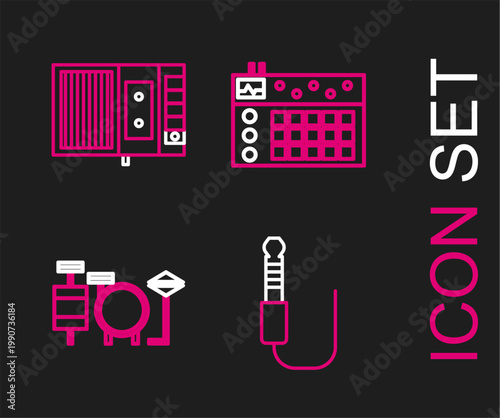 Set line Audio jack, Drums, machine and Music tape player icon. Vector