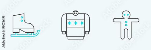 Set line Holiday gingerbread man cookie, Figure skates and Christmas sweater icon. Vector