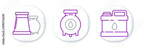 Set line Canister for motor machine oil, Oil and gas industrial factory building and icon. Vector