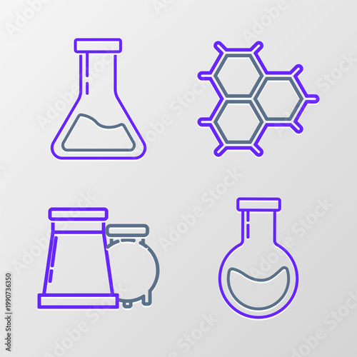 Set line Test tube and flask, Oil gas industrial factory building, Chemical formula consisting of benzene rings and icon. Vector