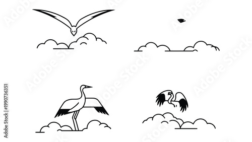 Birds in Flight: Minimalist line art depicts birds soaring gracefully amidst fluffy clouds. A visual poem celebrating freedom and tranquility.