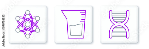Set line DNA symbol, Atom and Laboratory glassware or beaker icon. Vector