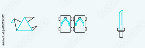 Set line Japanese katana, Origami bird and Geta traditional shoes icon. Vector