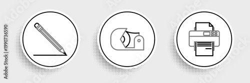 Set line Printer, Pencil with eraser and line and Scotch icon. Vector