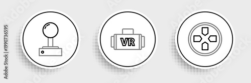Set line Gamepad, Joystick for arcade machine and Virtual reality glasses icon. Vector