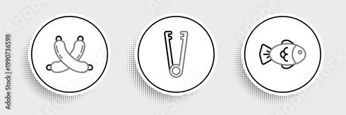 Set line Fish, Crossed sausage and Meat tongs icon. Vector