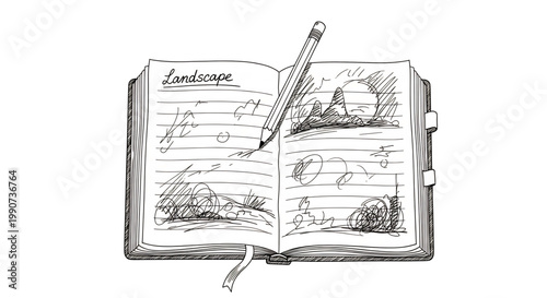 Open sketchbook with pencil and hand drawn storyboard frames. 