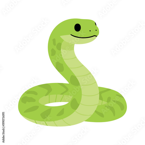 Cartoon green snake with spots is coiled up and looking toward the viewer with a smile
