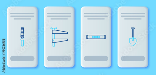 Set line Clamp tool, Construction bubble level, Chisel for wood and Shovel icon. Vector