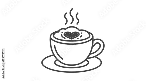 Steaming Coffee with Heart-Shaped: A delightful coffee cup, topped with frothy cream and a charming heart design, emits wisps of steam. Inviting warmth and comfort in a minimalist outline.
