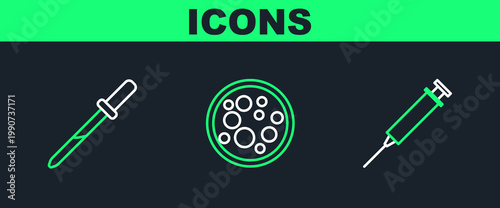 Set line Syringe, Pipette and Virus icon. Vector