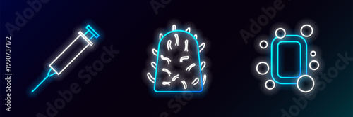 Set line Bar of soap, Syringe and Rabies virus icon. Glowing neon. Vector