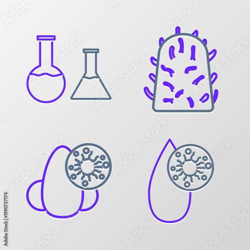 Set line Blood test and virus, Runny nose, Rabies and Test tube flask icon. Vector