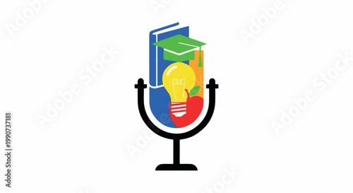 Educational podcast featuring books, light bulb, and apple symbolizing learning and knowledge sharing