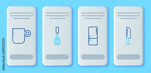Set line Kitchen whisk, Refrigerator, Coffee cup and Knife icon. Vector