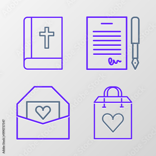 Set line Shopping bag with heart, Envelope Valentine, Marriage contract and Holy bible book icon. Vector