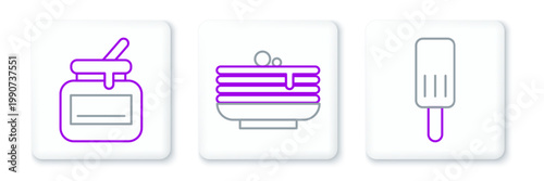 Set line Ice cream, Jar of honey and Stack pancakes icon. Vector
