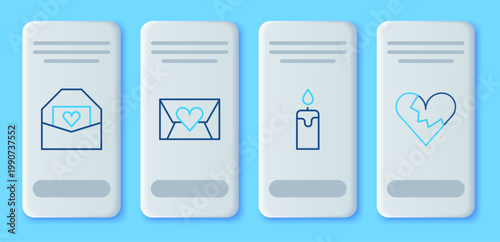 Set line Envelope with Valentine heart, Burning candle, and Broken or divorce icon. Vector