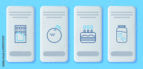 Set line Apple, Cake with burning candles, Chocolate bar and Strawberry jam jar icon. Vector