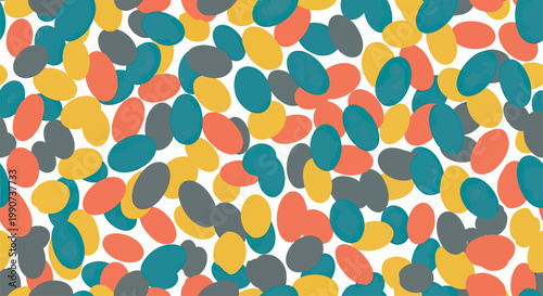Overlapping organic oval shapes in teal, coral, grey, and yellow on white