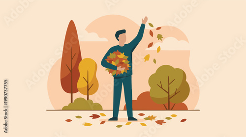 Joyful man playing with autumn leaves in a park, enjoying the fall season