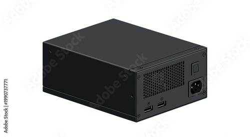 Compact black power supply unit with multiple ports and ventilation grid