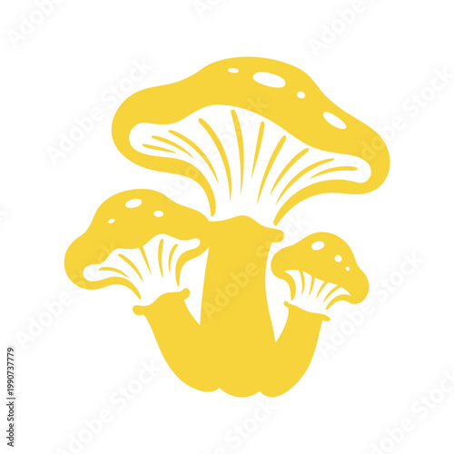 Stylized yellow chanterelles cluster on a white backdrop in a cutout style illustration