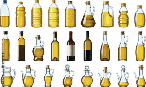 Collection of Various Oil Bottle Designs, Different Shapes and Sizes of Glass and Plastic Bottles, Olive and Cooking Oil Bottles in Vector Style