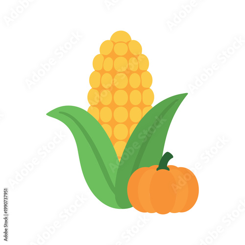 Ear of corn and pumpkin evoke autumn harvest time with its bounty