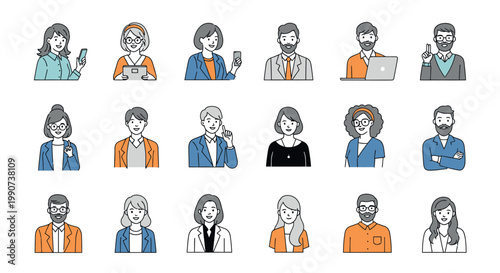 Flat illustration of diverse people icons in various poses and outfits against a clean white background.