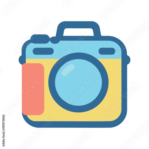 Cartoon camera with lens in light blue, yellow and peach colors isolated on white