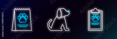 Set line Clipboard with medical clinical record pet, Bag of food for dog and Dog icon. Glowing neon. Vector