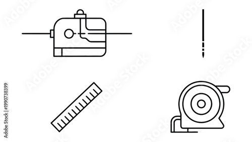 Precision in Design: A collection of meticulously crafted, minimalist line drawings showcases essential measuring tools used in construction and design. This set embodies accuracy, clarity.