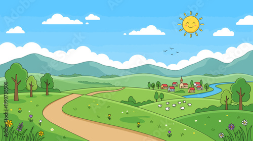 Village nestled in a green valley displays rolling hills and a winding dirt road leading toward distant mountain peaks under a clear sunny sky.