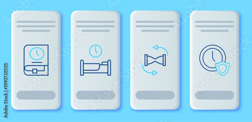 Set line Time to sleep, Old hourglass with sand, for book and Clock shield icon. Vector