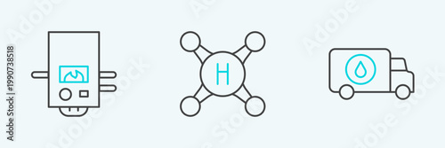 Set line Plumber service car, Gas boiler and Water tap icon. Vector