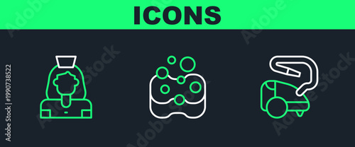 Set line Vacuum cleaner, Cleaning lady service and Sponge icon. Vector
