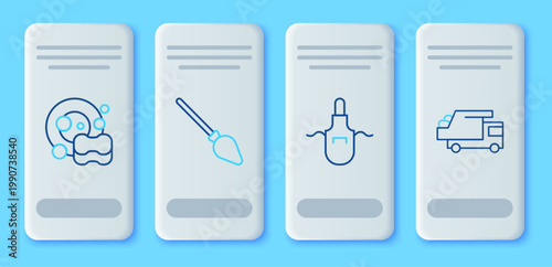 Set line Handle broom, Kitchen apron, Washing dishes and Garbage truck icon. Vector