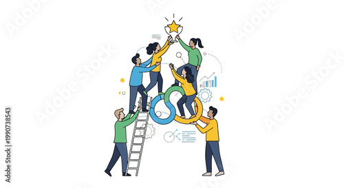 Business Team Collaborating to Reach Star Trophy for Success, Growth and Achievement Concept