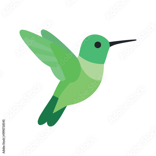 Stylized green hummingbird flying with its wings spread on a white background