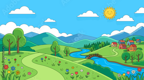 Meadow stretches across a lush landscape with a flowing river and a quaint village nestled among tall green mountains under a bright yellow sun and fluffy white clouds.