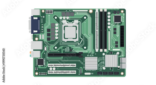 Green circuit board featuring a motherboard with various slots and components