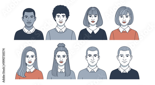 Flat illustration of eight diverse people arranged in two rows against a plain white background with a mix of gray and orange tones.