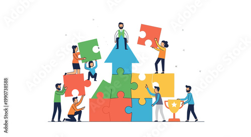 Business Team Building Upward Growth Arrow with Puzzle Pieces for Success and Strategic Partnership