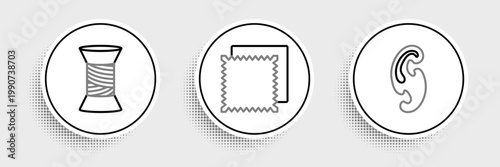 Set line French curves, Sewing thread on spool and Textile fabric roll icon. Vector